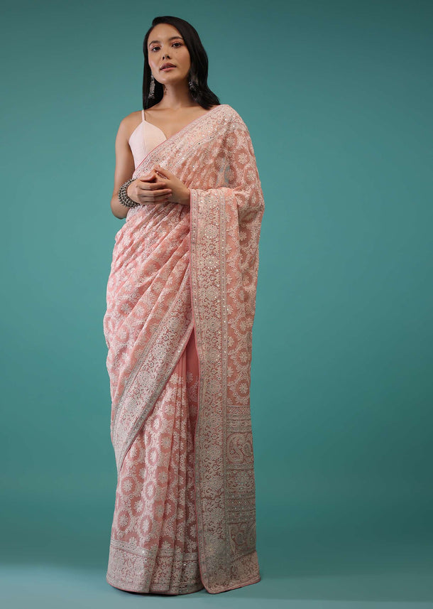 Pink Icing Georgette Saree In Lucknowi Threadwork, It Mirror Abla And Cut Dana Detailing Work On The Border
