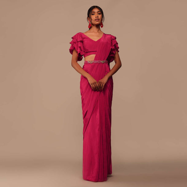 Pink Indo-western Saree And Layered Sleeves Blouse Set In Crepe