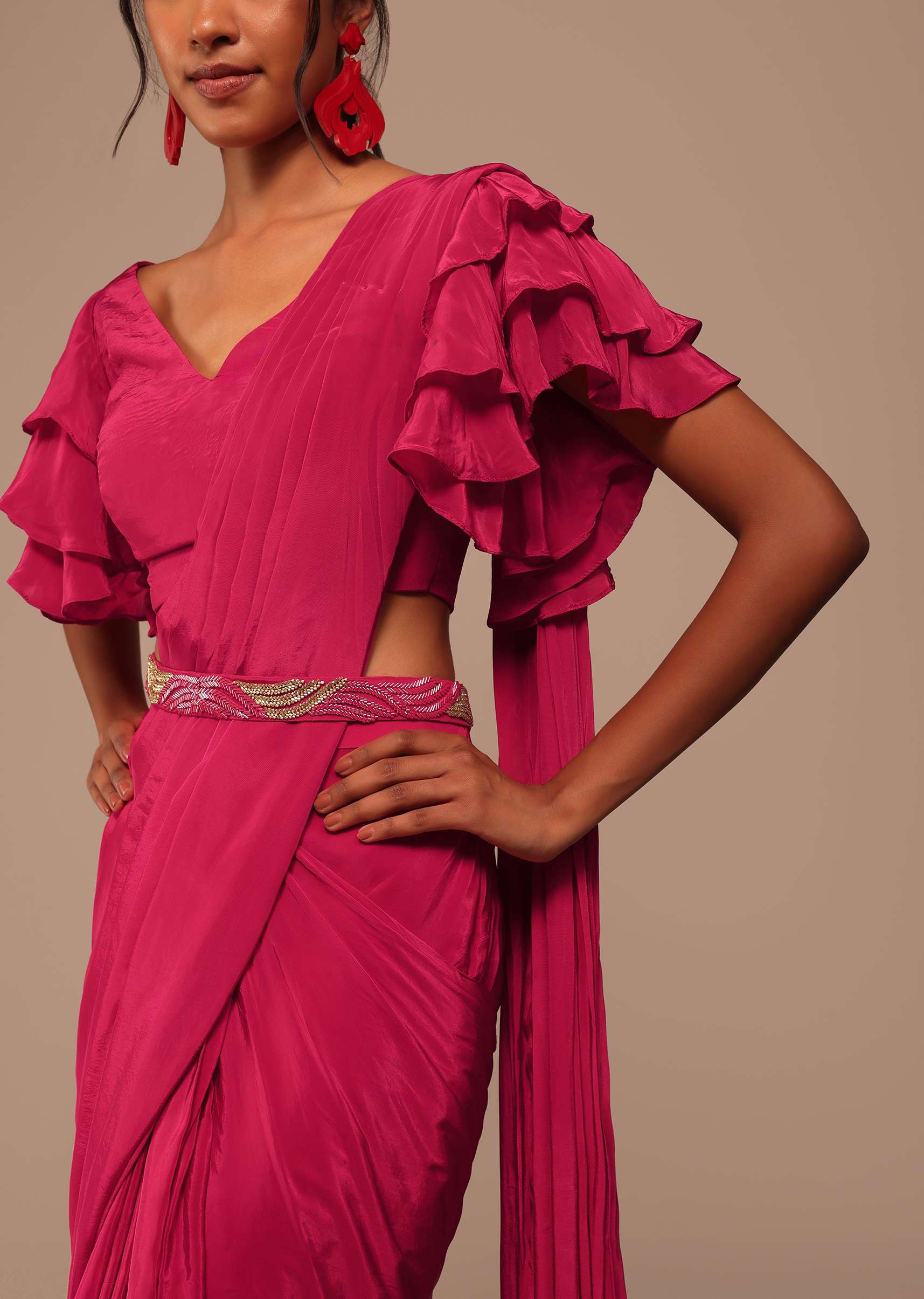 Pink Indo-western Saree And Layered Sleeves Blouse Set In Crepe