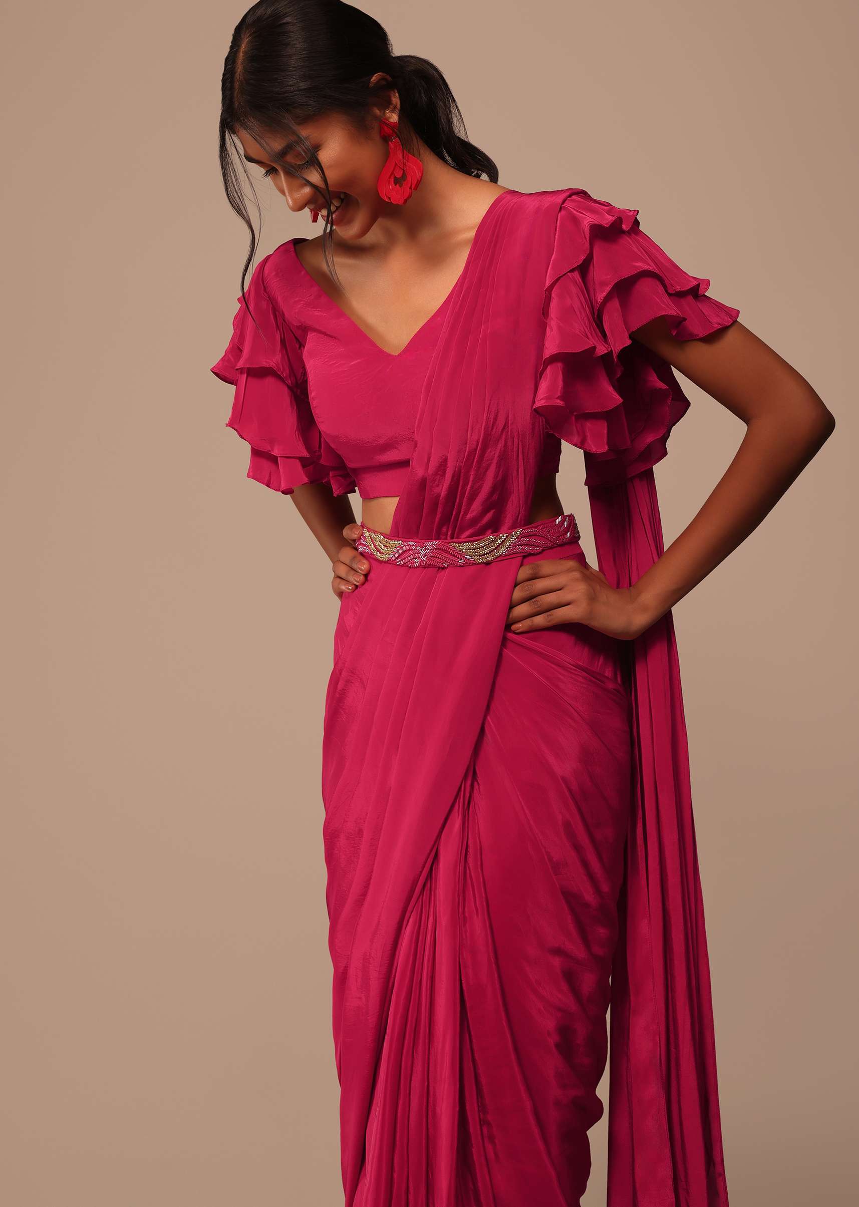 Pink Indo-western Saree And Layered Sleeves Blouse Set In Crepe