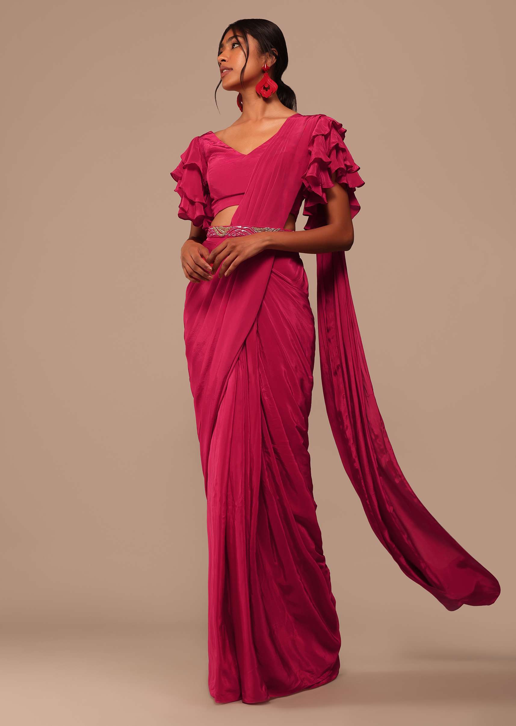 Pink Indo-western Saree And Layered Sleeves Blouse Set In Crepe