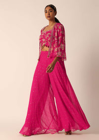 Pink Indo Fusion Floral Print Jacket And Palazzo Set