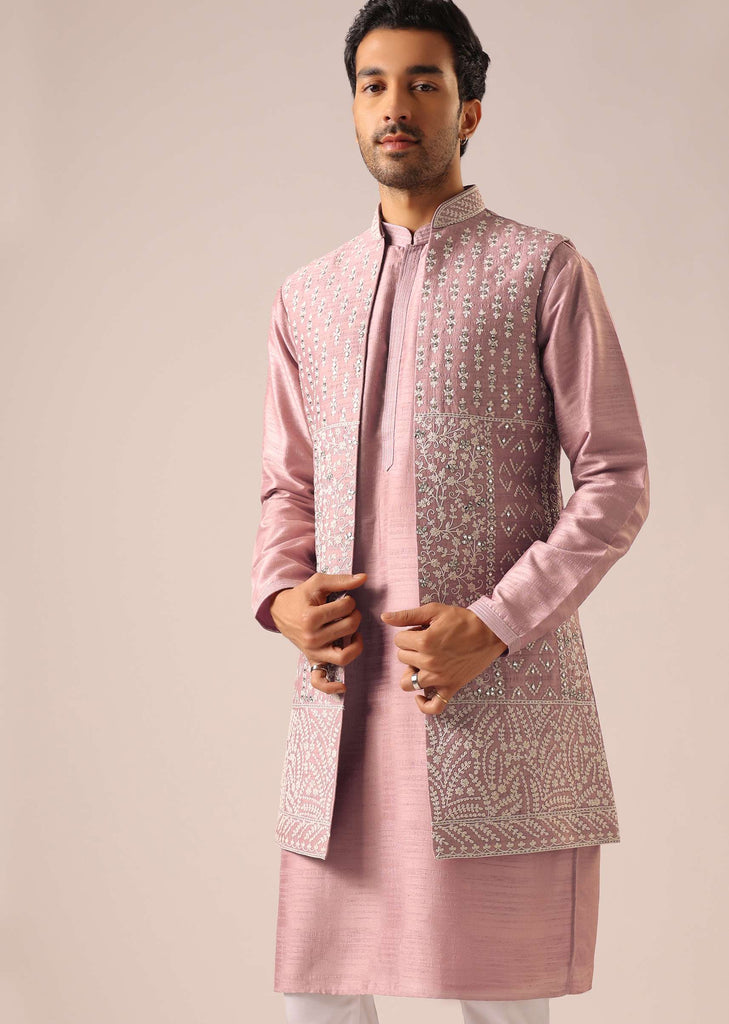 Pink Jacket And Kurta Set with Cutwork Detail