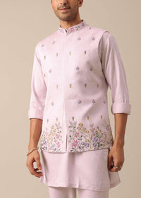 Pink Jacket And Kurta Set With Floral Motif Thread Work