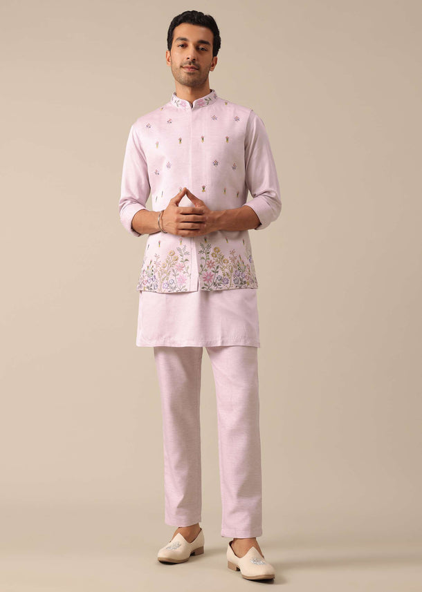 Pink Jacket And Kurta Set With Floral Motif Thread Work