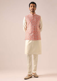 Pink Jacket And Kurta Set with Geometric Thread Work