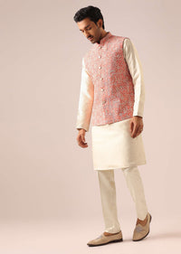 Pink Jacket And Kurta Set with Geometric Thread Work