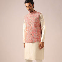 Pink Jacket And Kurta Set with Geometric Thread Work