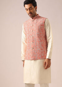 Pink Jacket And Kurta Set with Geometric Thread Work