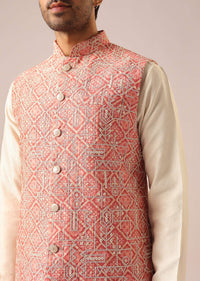 Pink Jacket And Kurta Set with Geometric Thread Work