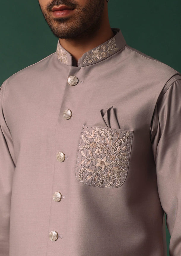 Pink Jacket Kurta Set With Embroidered Neckline And Pocket Square