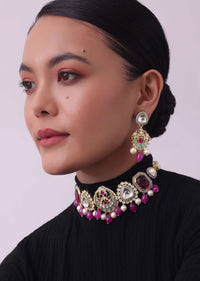 Pink Jadau Choker And Earring Set In Gold Finish With Stones