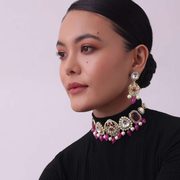 Pink Jadau Choker And Earring Set In Gold Finish With Stones