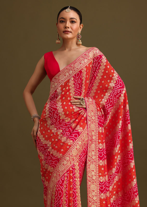 Pink Khaddi Georgette Saree With Gotta Patti Border And Unstitched Blouse