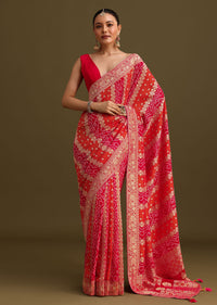 Pink Khaddi Georgette Saree With Gotta Patti Border And Unstitched Blouse