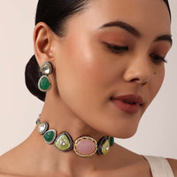 Pink Kundan Choker Set With Two Tone Stones