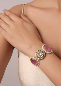 Pink Kundan Studded Bracelet With Carved Stones