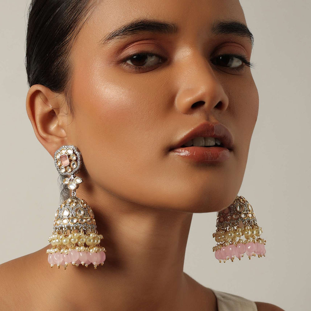 Pink Kundan Studded Jhumkas With Embedded Tiered Beads