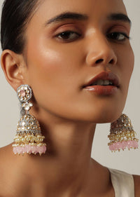 Pink Kundan Studded Jhumkas With Embedded Tiered Beads