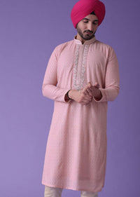 Pink Kurta In Raw Silk With Matching Cotton Churidar