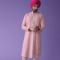 Pink Kurta In Raw Silk With Matching Cotton Churidar