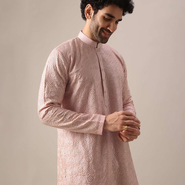 Pink Kurta Set In Silk With Embroidered Detail