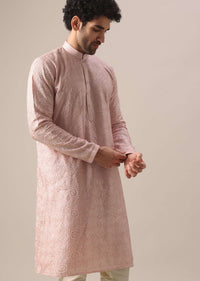 Pink Kurta Set In Silk With Embroidered Detail