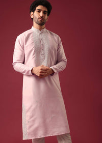 Pink Kurta Set With Mirror Work In Silk Fabric