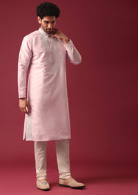 Pink Kurta Set With Mirror Work In Silk Fabric