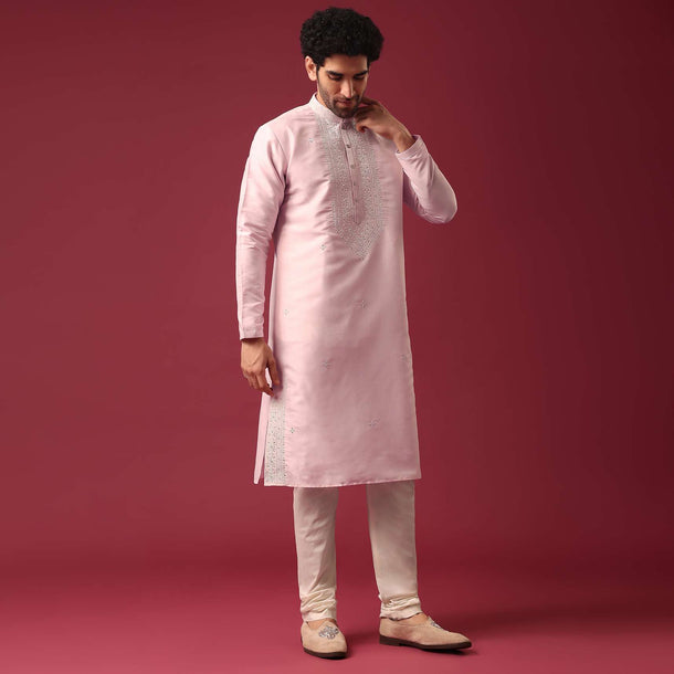 Pink Kurta Set With Mirror Work In Silk Fabric