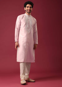 Pink Kurta Set With Mirror Work In Silk Fabric