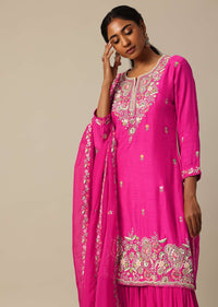 Pink Kurta Sharara Set With Resham Work