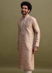 Pink Kurta With Work On Yolk For Men