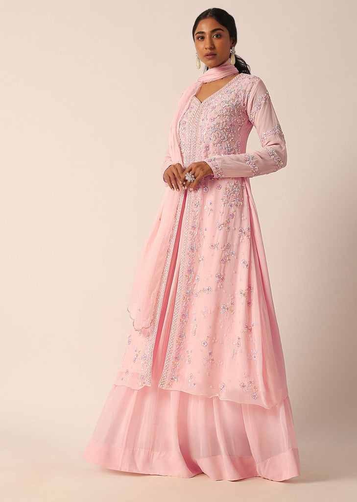 Pink Kurti And Skirt Set With Sequin Embellishments