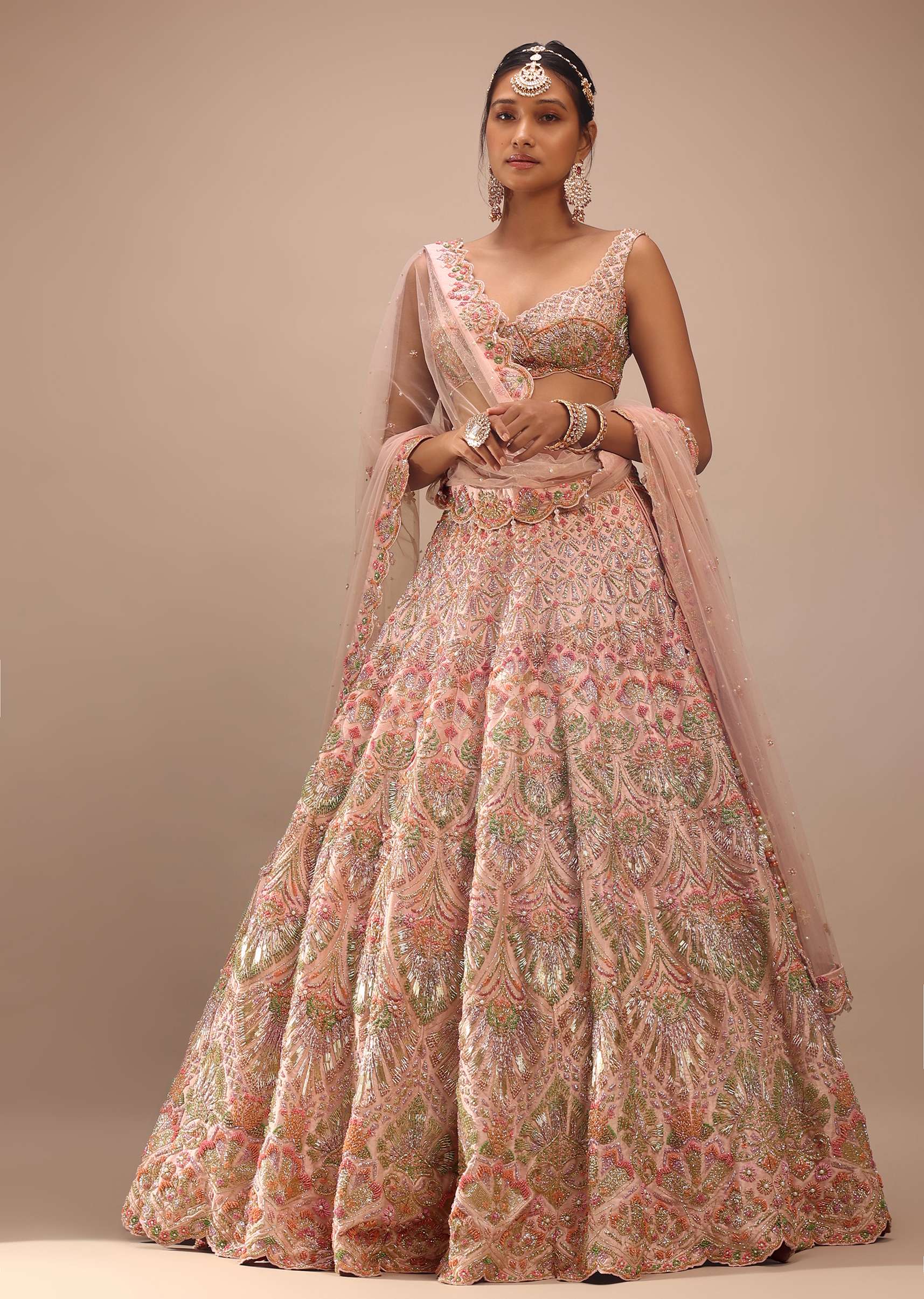 Pink Lehenga And Sleeveless Crop Top Set With A Corset Neckline In Zardozi Embroidery