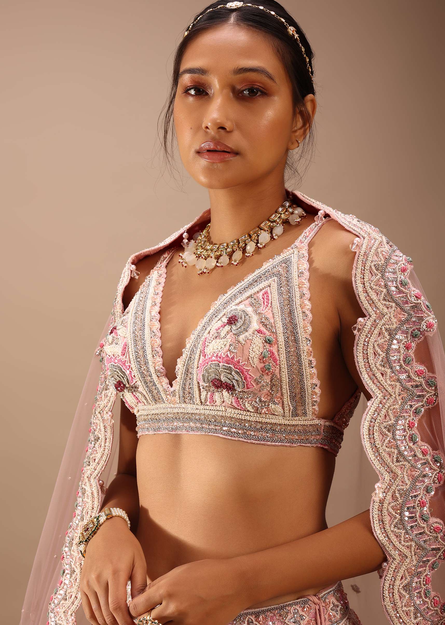 Pink Lehenga And Crop In Sequins And Cut Dana Embroidery, The Crop Top Comes In Sleeveless With Plunging Neckline