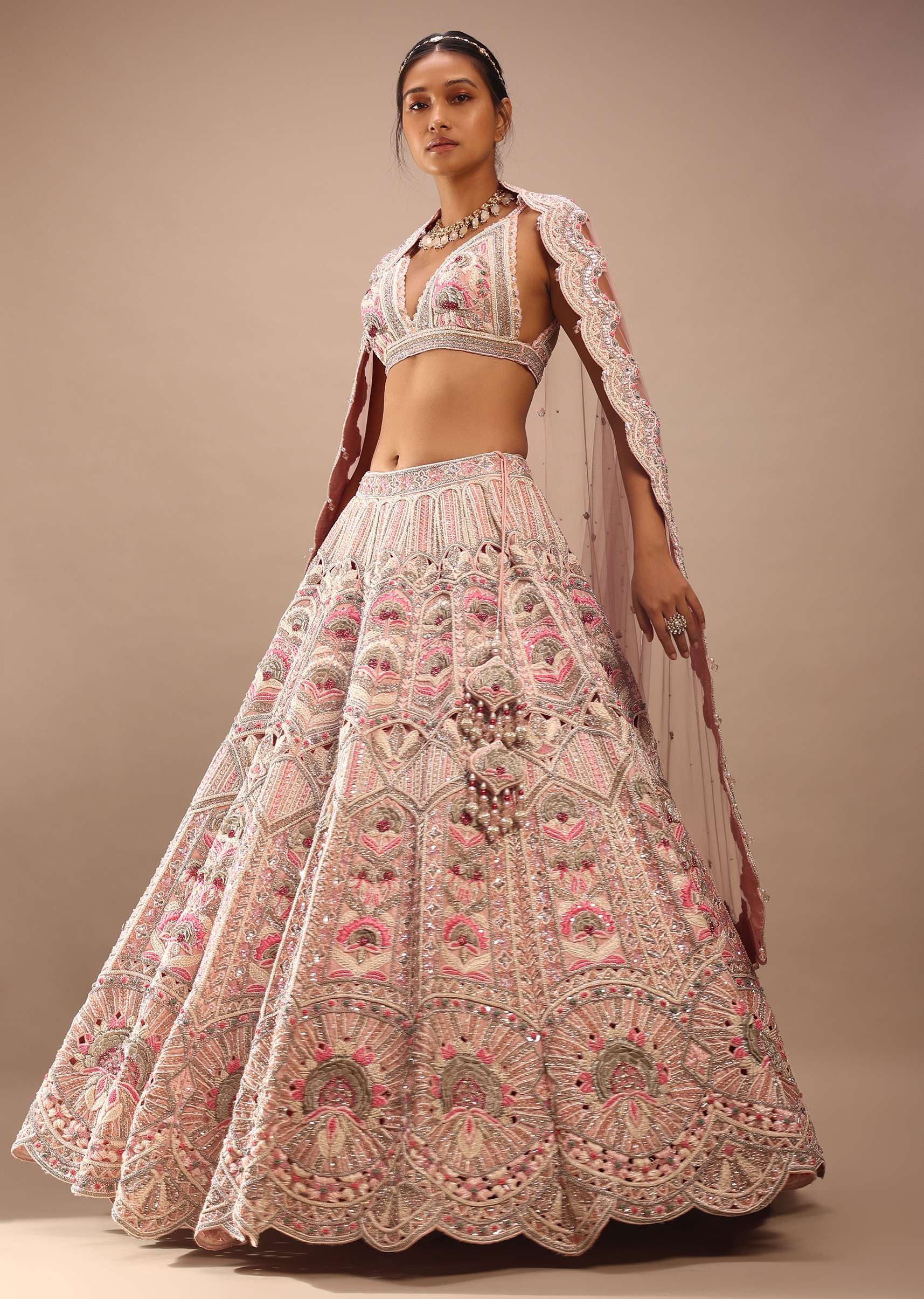 Pink Lehenga And Crop In Sequins And Cut Dana Embroidery, The Crop Top Comes In Sleeveless With Plunging Neckline