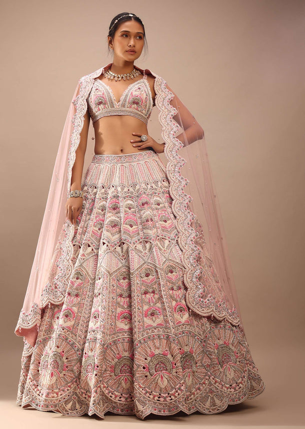 Pink Lehenga And Crop In Sequins And Cut Dana Embroidery, The Crop Top Comes In Sleeveless With Plunging Neckline