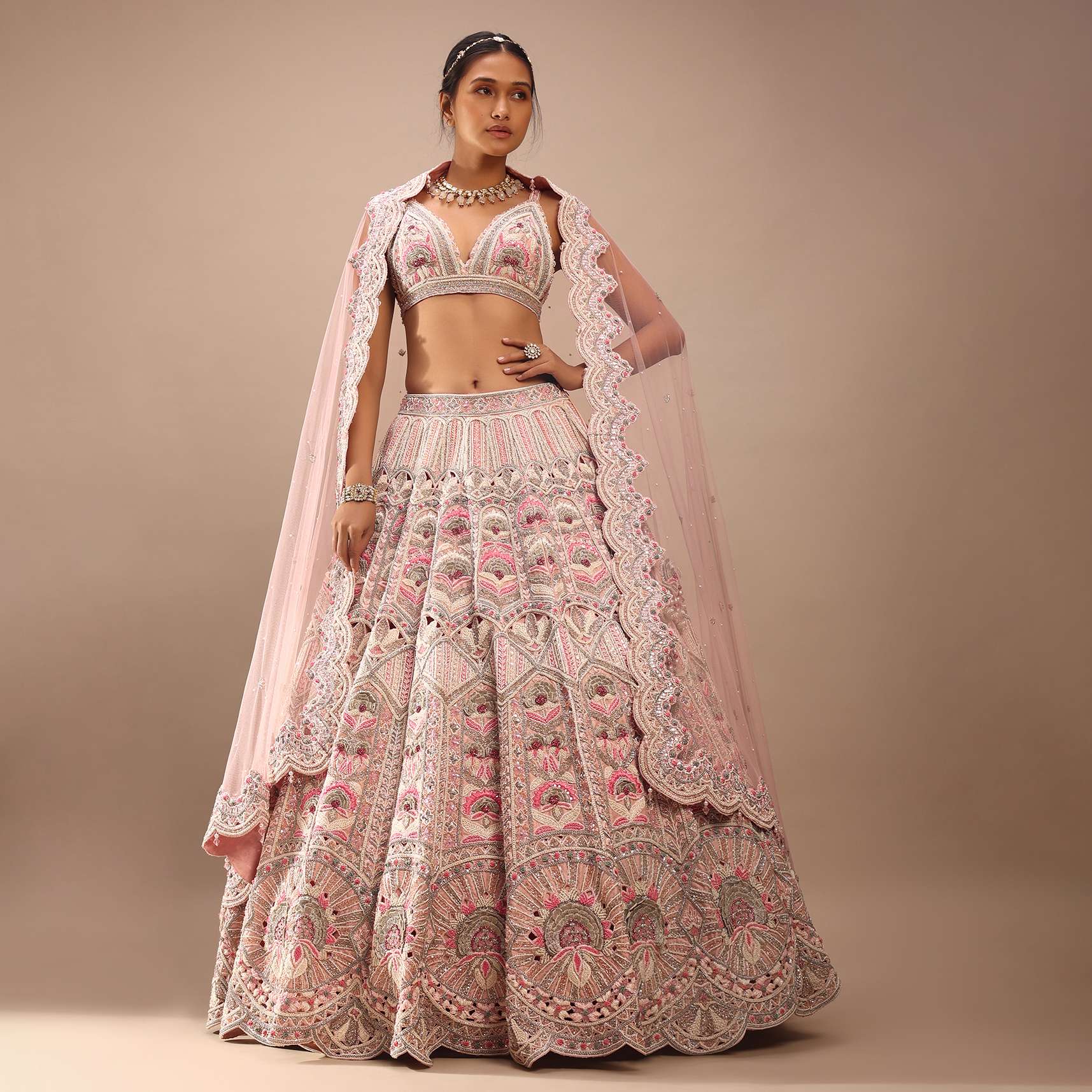 Pink Lehenga And Crop In Sequins And Cut Dana Embroidery, The Crop Top Comes In Sleeveless With Plunging Neckline