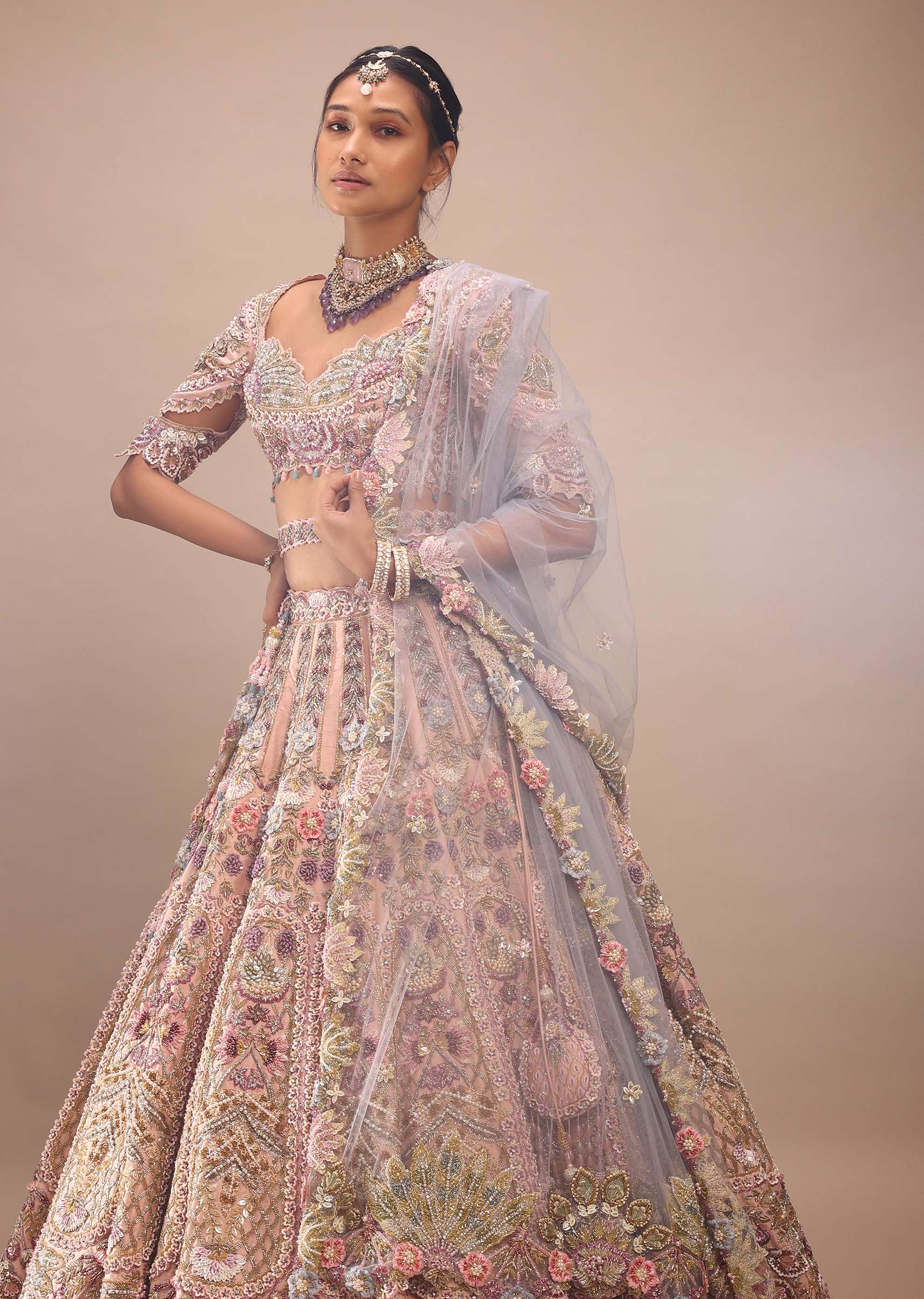 Light Pink Lehenga Set With A Choli In Moti Embroidery, Crop Top Comes In Half Sleeves With Cut Work