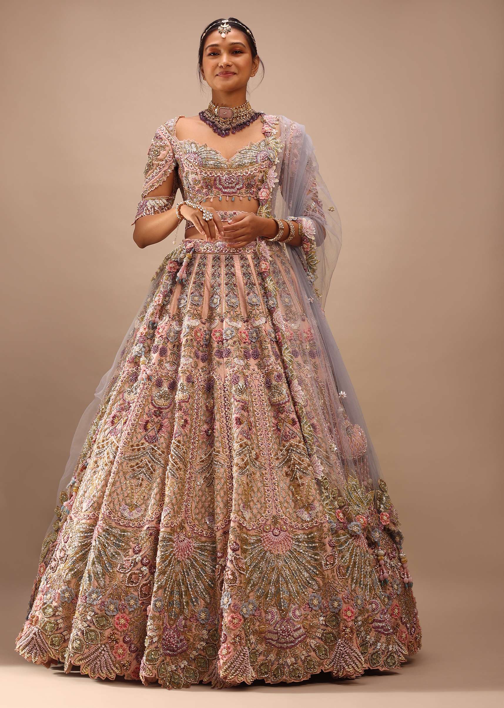 Light Pink Lehenga Set With A Choli In Moti Embroidery, Crop Top Comes In Half Sleeves With Cut Work