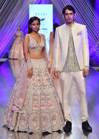 Pink Lehenga And Crop In Sequins And Cut Dana Embroidery, The Crop Top Comes In Sleeveless With Plunging Neckline