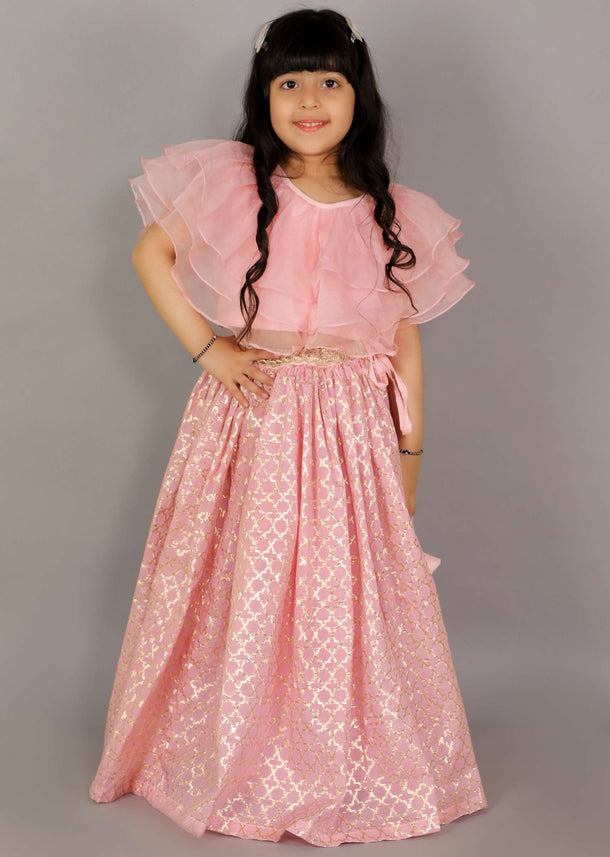 Kalki Girls Pink Lehenga And Crop Top With Organza Ruffles And Woven Design