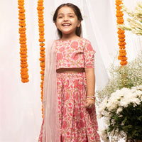 Kalki Girls Pink Lehenga Choli In Cotton With Floral Print All Over By Tiber Taber