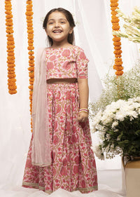 Kalki Girls Pink Lehenga Choli In Cotton With Floral Print All Over By Tiber Taber