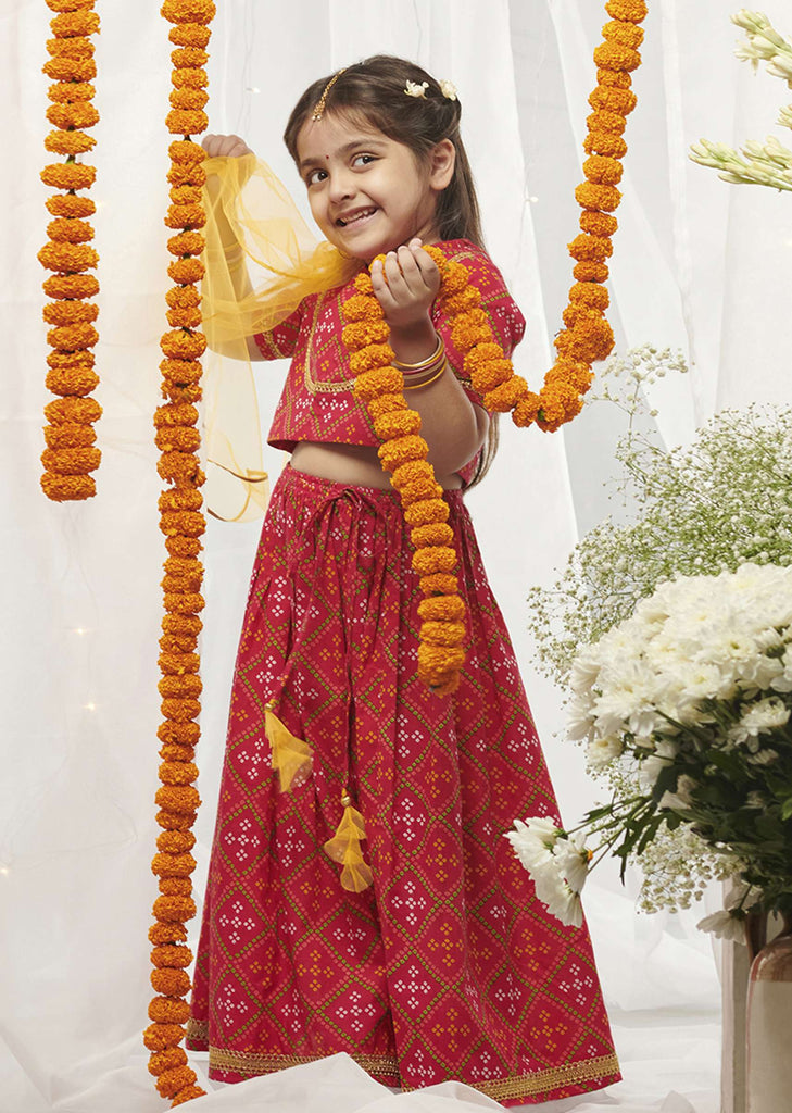 Kalki Girls Pink Lehenga Choli In Cotton With Bandhani Print All Over By Tiber Taber