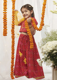 Kalki Girls Pink Lehenga Choli In Cotton With Bandhani Print All Over By Tiber Taber