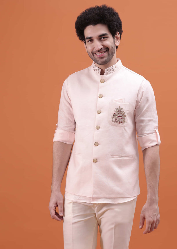 Pink Linen Kurta And Embroidered Jacket For Men