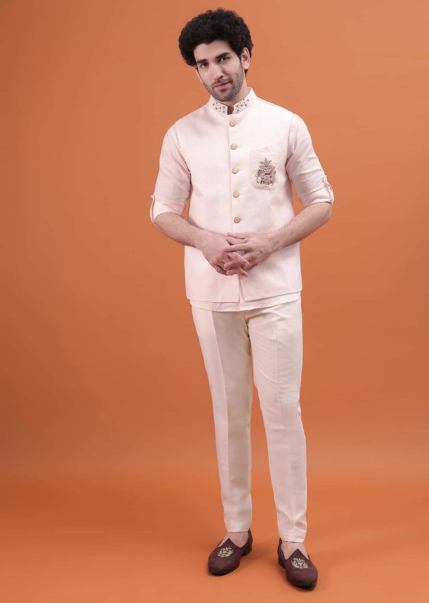 Pink Linen Kurta And Embroidered Jacket For Men