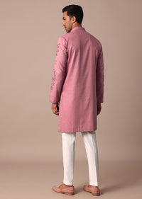 Pink Linen Kurta Set With Hand Work